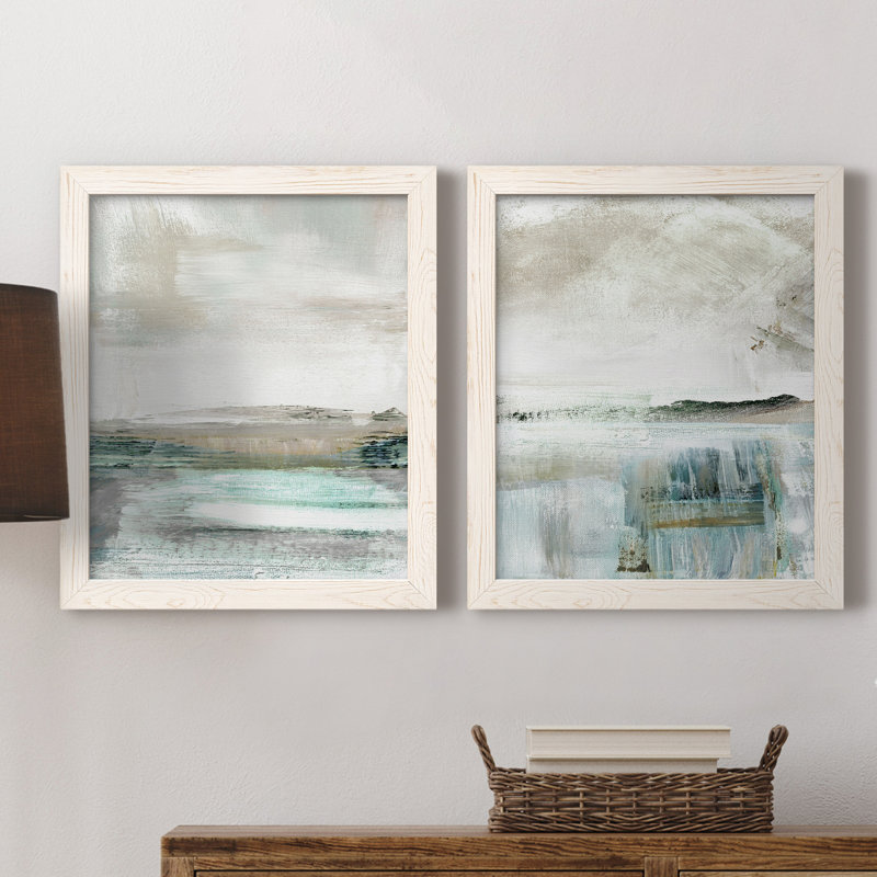 Summer Teal I - ensemble de 2 peintures sur toile encadrées, H 31,5 po x l 47 po x P 1,5 po, Cadre blanc