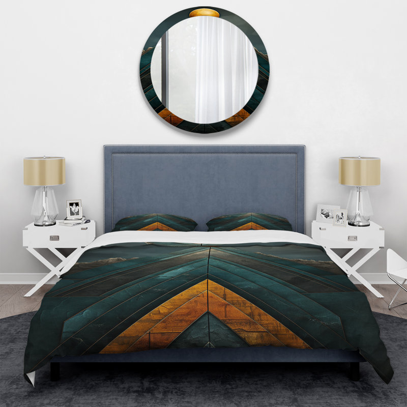 Ensemble de housse de couette à motif de chevrons en marbre doré et bleu, Housse de couette pour très grand lit et 2 très 