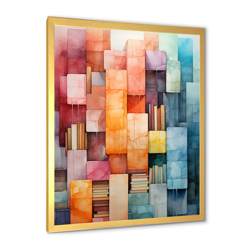 Décoration murale colorée minimaliste cubique - Collages abstraits, H 40 po x l 30 po x P 1,5 po, Cadre doré simple