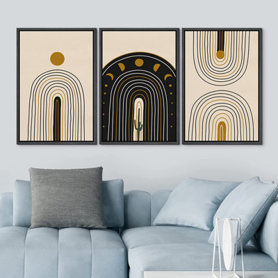Mid Mid Modern Boho Moon Geometric Landscape Abstract Shapes Illustration - 3 Floater Frame, impression sur toile