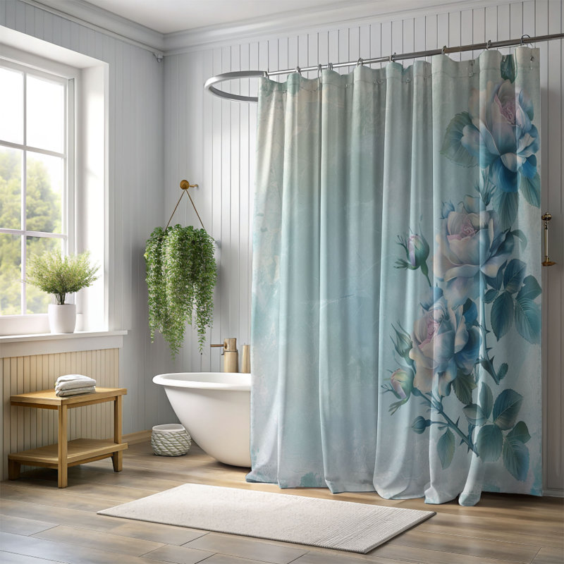 Rideau de douche standard 1 pièce Gentle Blue Roses, H 74 po x l 71 po