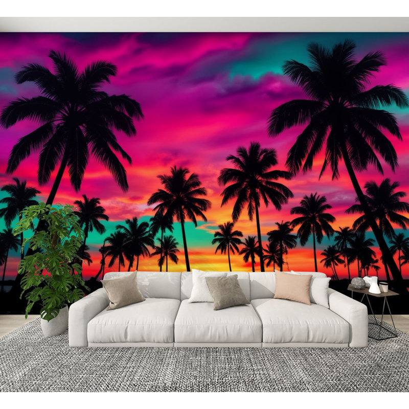 Papier peint Neon Peel and Stick Vibrant Tropical Sunset Silhouetted Palm Trees, L 144 po x l 100 po