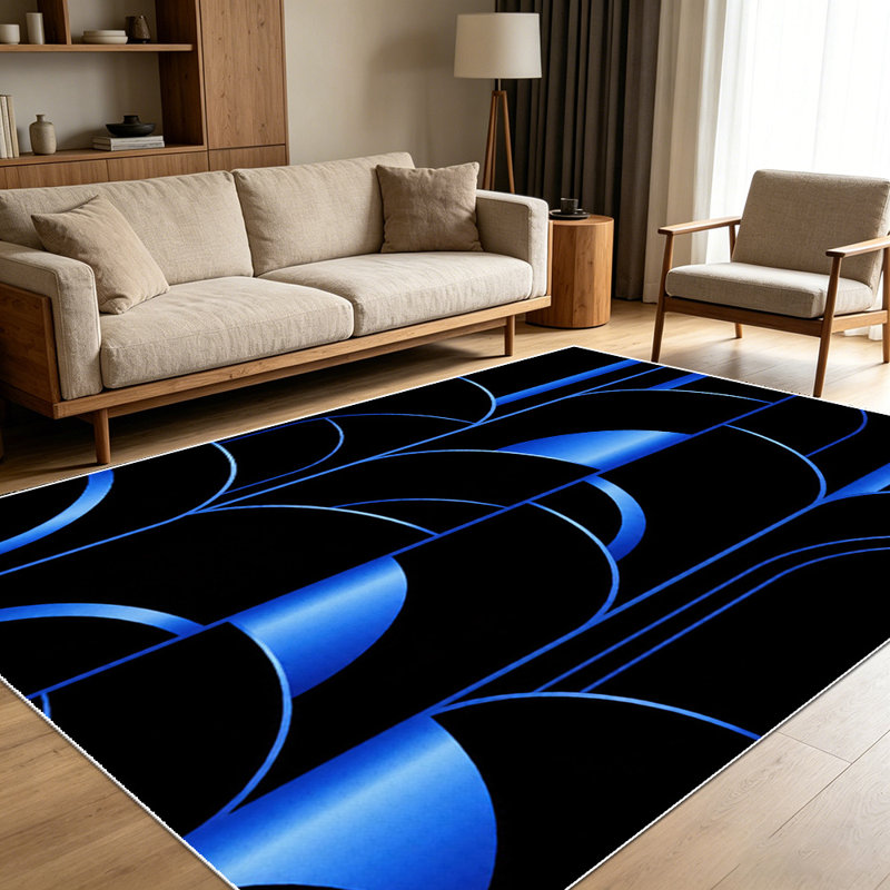 1PC Modern Abstract Metallic Blue Black Geometric Line & Circle Pattern area rugs for Living Room, Soft and Comfortable, Suitable for all seasons, easy-to-maintain, machine washable Indoor floor mat, Under Table Farmhouse suitable for living room,...