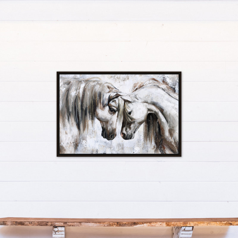 Nuzzling Horses - Peinture sur toile, Toile brune avec cadre flottant, H 25,75 po x l 37,75 po x P 1,75 po