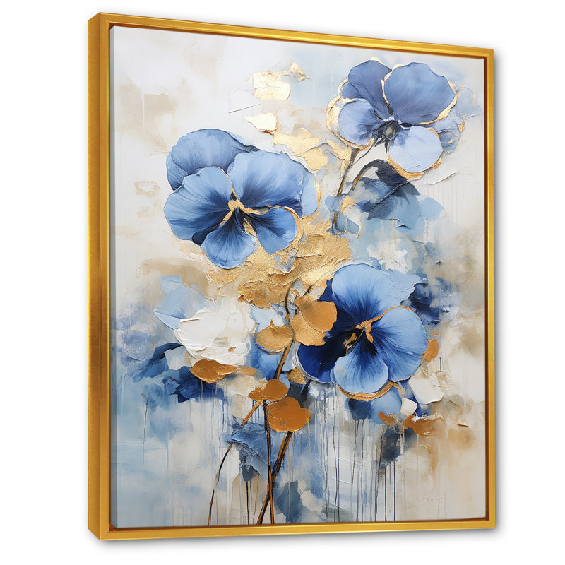 Bleu et or Minimalisme Pansy Radiance Bouquet II, Cadre flottant doré, H 40 po x l 30 po x P 1,5 po