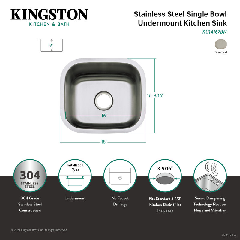 Kingston Brass Country 18-Inch Stainless Steel Undermount Single Bowl Kitchen Sink