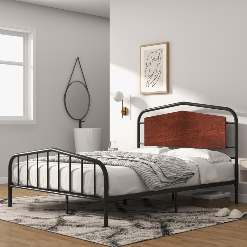 Structure de lit avec tête et pied de lit en bois, lit plateforme robuste avec rangement sous le lit, Double