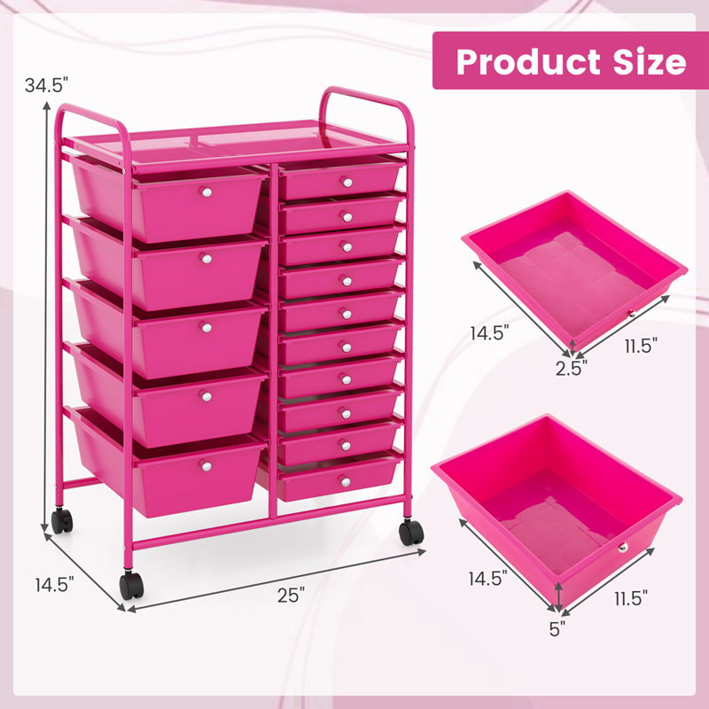 Hot Pink Steel Frame 15-Drawer Rolling Storage Cart