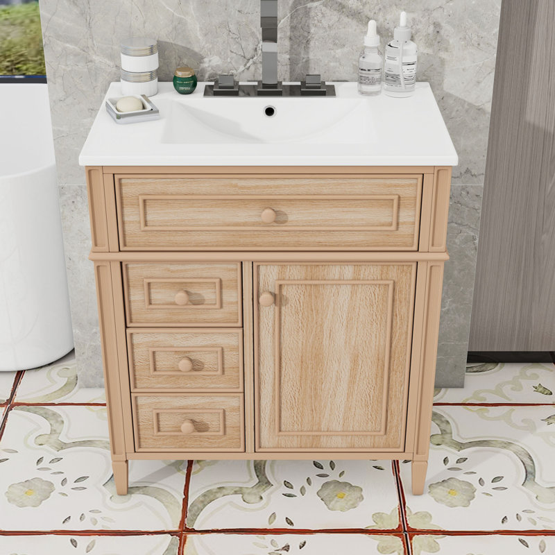 Meuble-lavabo en bois 30 po avec lavabo, tiroirs, tablette et porte, 30", Bois clair