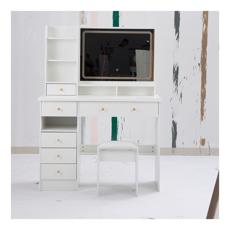 41" Large Size Left Drawer Desktop Vanity Table+Cushioned Stool, Extra Large Touch Control LED Mirror, 3-Color Switch, Multi Layer High Capacity Storage Fashionable Dresser, Suitable For Large Space