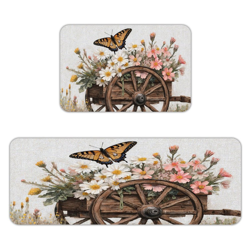 Ensemble de 2 tapis de cuisine papillon et fleur, Brun / papillon rose / chariot à fleurs