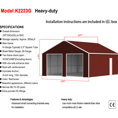 22Ft X 23Ft Double Garage Steel Barn Shed, Red - Brown Finish, 14 Gauge Galvanized Steel, 26 Sheet, Side Door