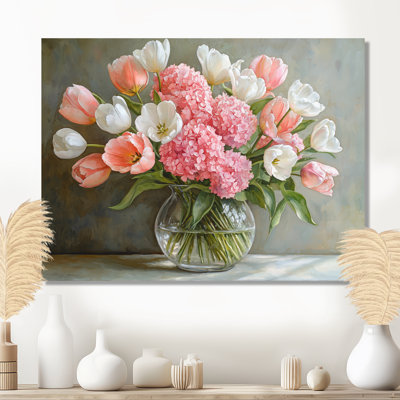 Ignangias roses et blancs, hortensias et tulipes dans un vase - hydrangées, art mural