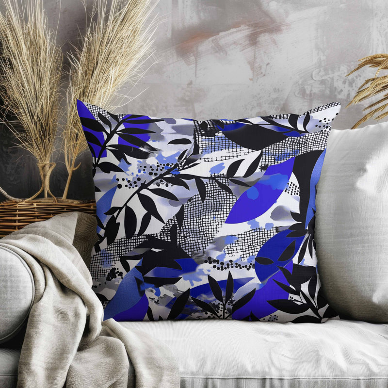Coussin Leafy, Bleu / noir / blanc, Carré 16 po