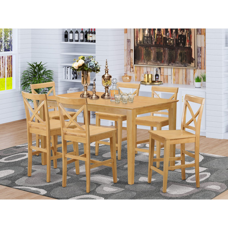Ensemble de salle à manger 7 pièces à hauteur de comptoir composé d'une table de cuisine rectangulaire et de 6 chaises de salle à manger, 36 x 60 pouces, chêne