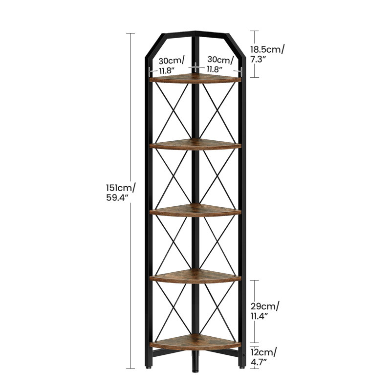 5-tier Corner Bookshelf, Industrial Corner Storage Shelf And Plant Stand, Rustic Brown And Black