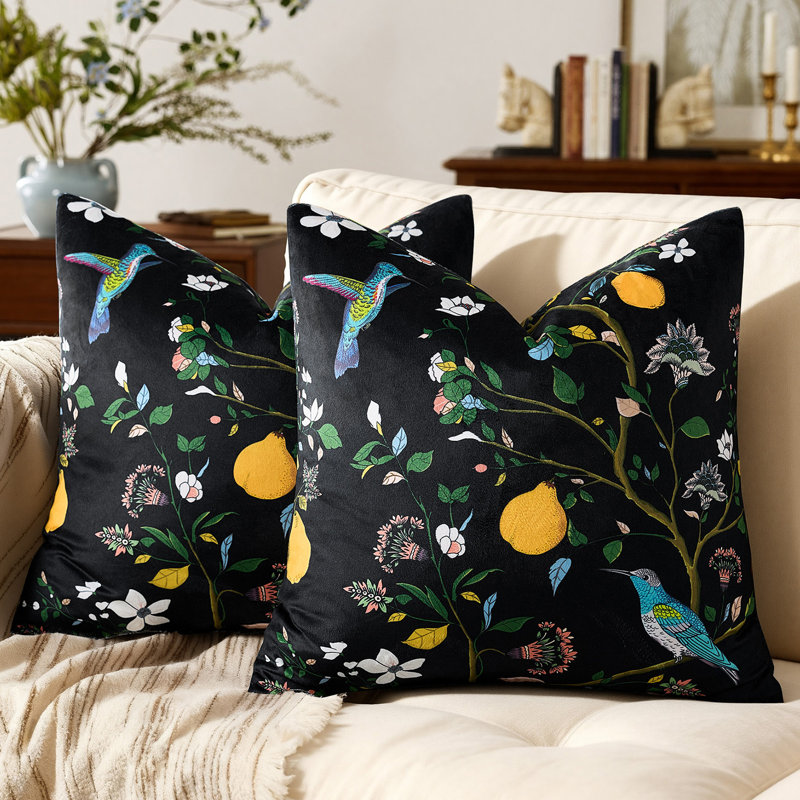 Velvet Floral Hummingbird Pillow Covers, Whimsical Home Decorative Sofa Bed Covers, Square 20", Black