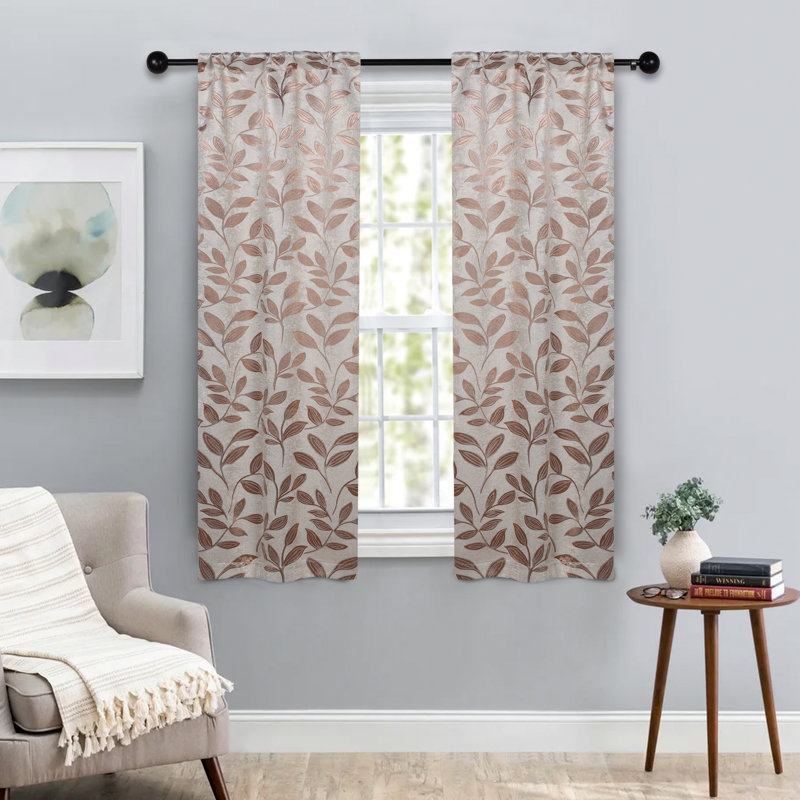 Finklea Floral Pattern Polyester Light Filtering/Room Darkening Rod Pocket Curtain Panels, Bronze, 26" W x 63" L