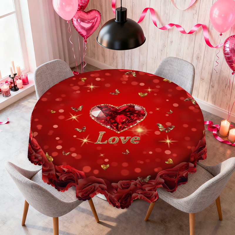 Valentine's Day Tablecloth - Red Rose & Crystal Heart Decorative Table Cover, Romantic Love-Themed Fabric Tablecloth for Valentine Dinner, Holiday Party, Kitchen Dining, Reusable Washable Tablecloth , Elegant Valentine Home Decor for Round Tables