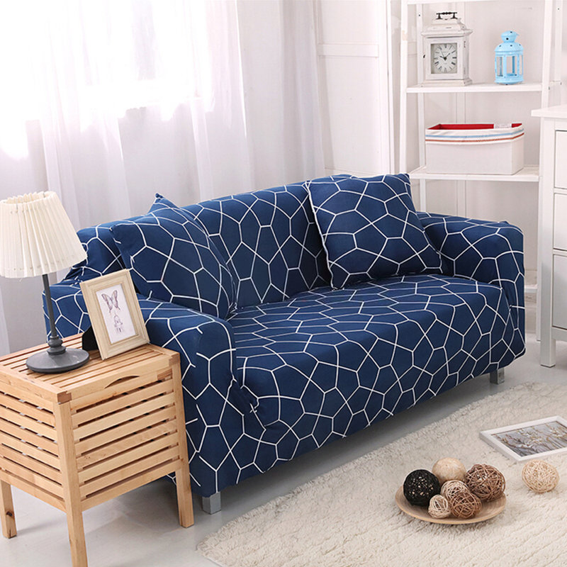 Housse pour canapé à coussins carrés/rectangulaires, Mélange de polyester à motif géométrique bleue, 93"-118"