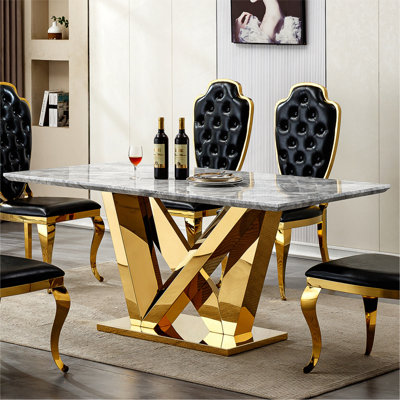 Table de salle à manger en marbre pour 6 personnes, table de salle à manger rectangulaire en faux marbre 70 po avec base en acier inoxydable à finition miroir, table de cuisine moderne en marbre de grande taille