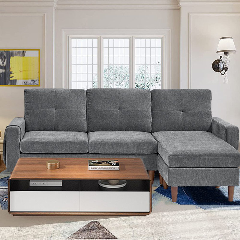 Canapé modulaire réversible avec repose-pieds en chenille de 80 po Piergaetano, Chenille grise foncée
