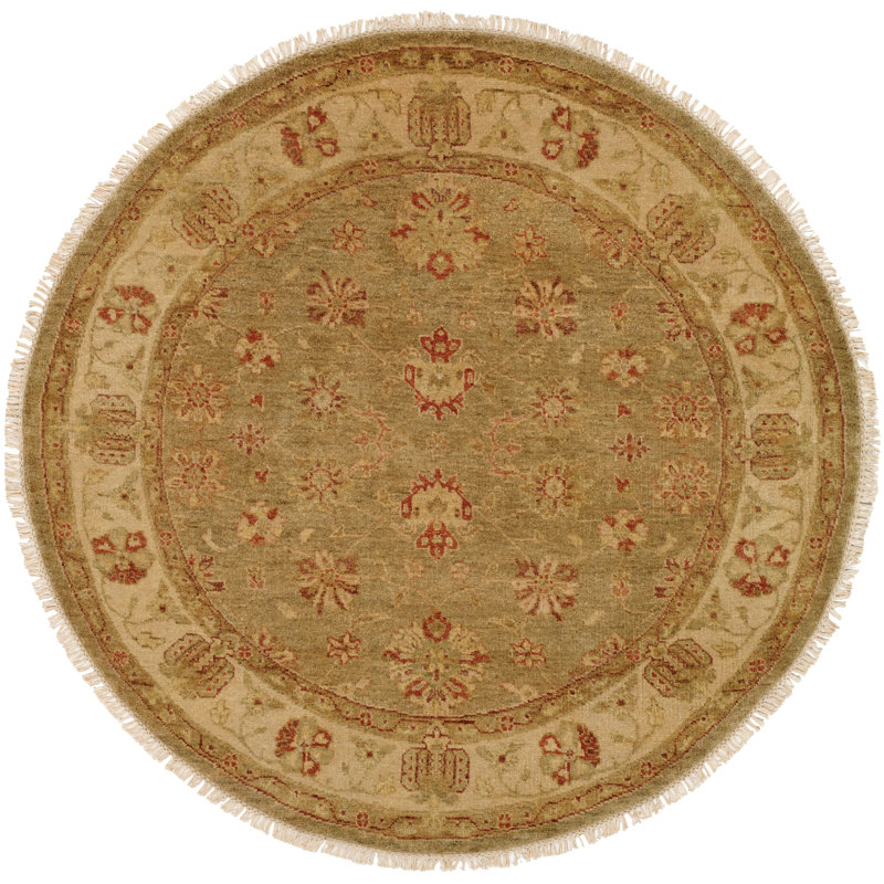 Tapis oriental vert / ivoire en laine noué à la main, Carré 10 pi