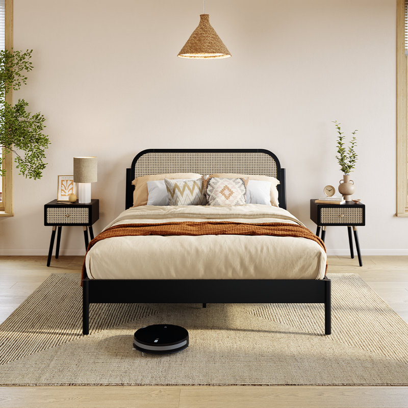 Beiro Solid Wood Rattan Platform Bed with Headboard
