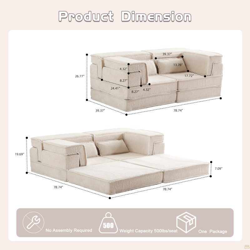 Compression Mahjong Sofa,Convertible Floor Sofa Bed,Diy Boneless Modular Sectional Sofa,No Assembly Required, White Fabric