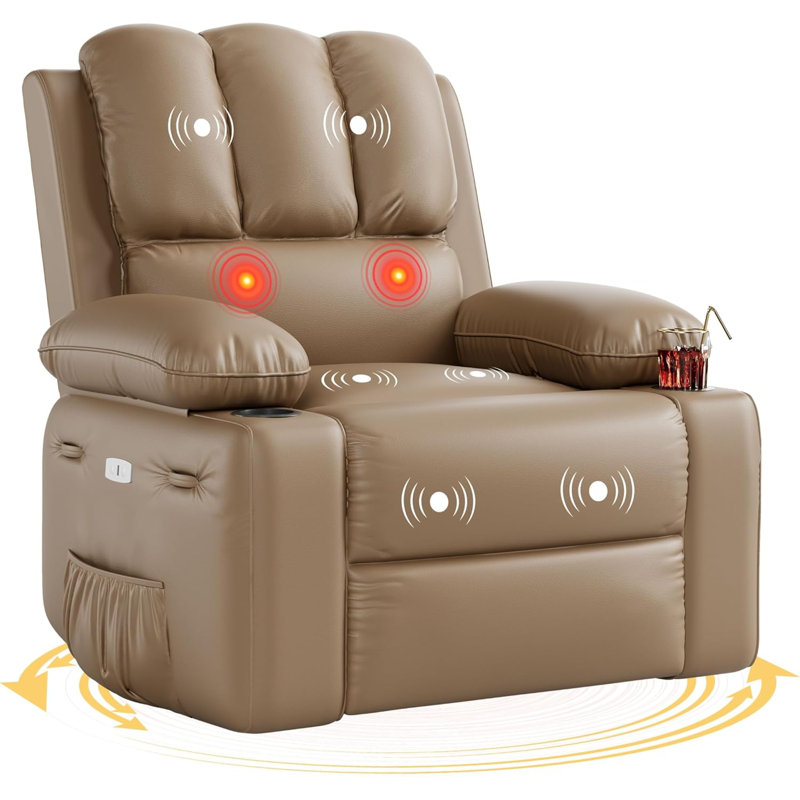 37.4" Oversized Recliner Chair, 360° Rocker Swivel Recliner With Heat And Massage, Tan, Power - Push Button
