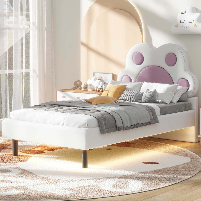 Lit plateforme simple tapissier avec tête de lit en forme de patte d'animal et DEL, rose