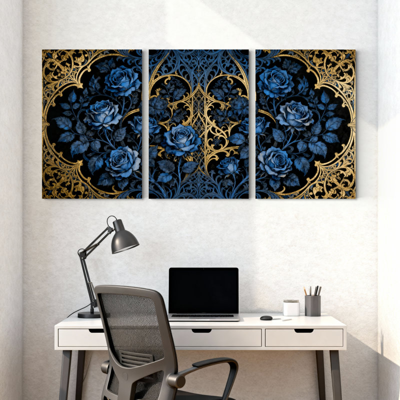 Plantes et fleurs roses bleues ornement sur fond noir, ensemble de 3 impressions sur toile, H 24 po x l 16 po