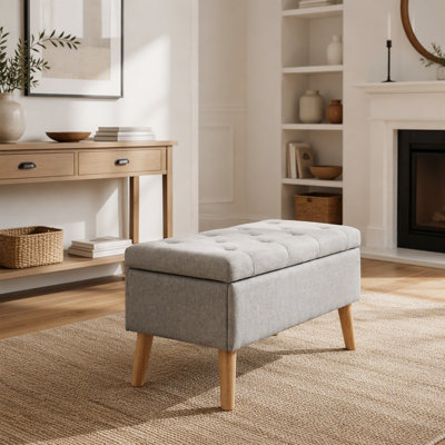 Banc de rangement en lin gris 31 po, pieds en bois massif brun pour le salon de la chambre à coucher