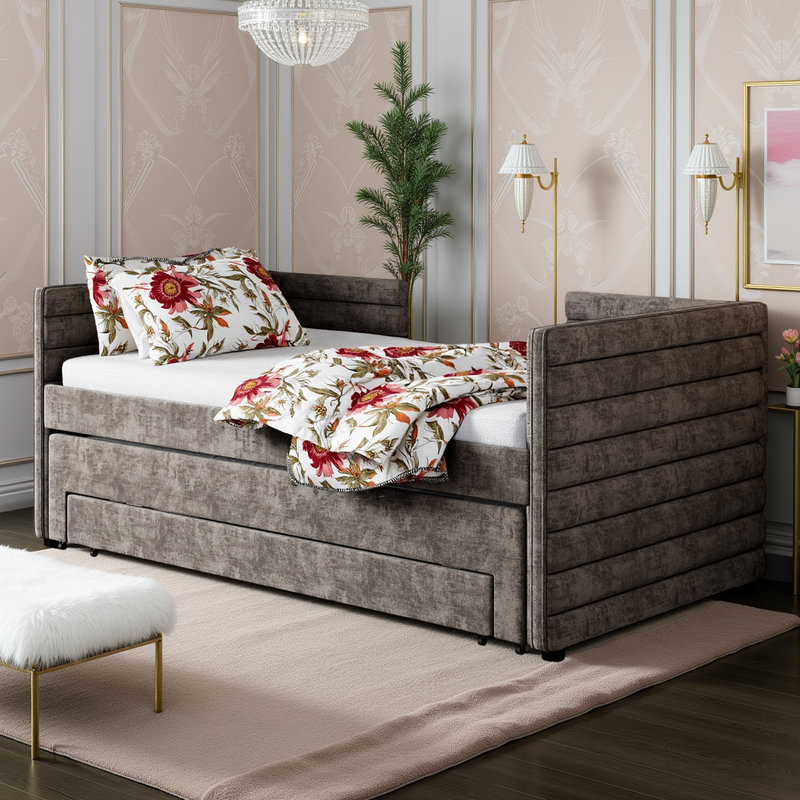 Lit de jour simple avec couchette coulissante et 3 tiroirs de rangement, lit tapissier en chenille, Gris