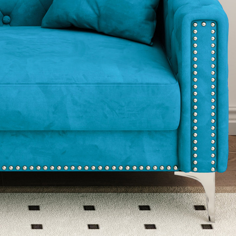 Le canapé moderne comprend 2 coussins, un canapé triple en velours de 83 po, convient aux grands et petits espaces, Bleu