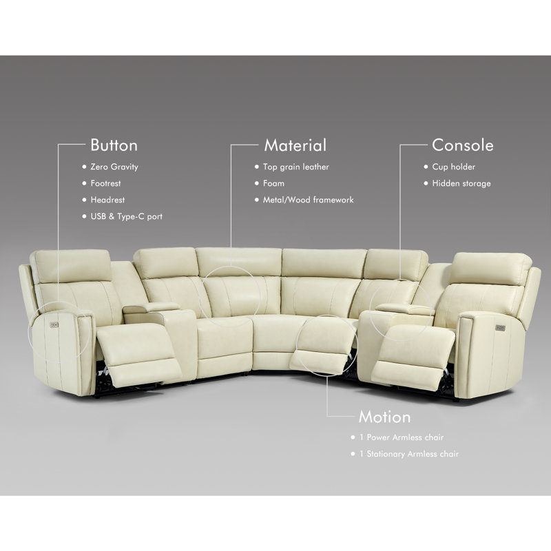 7 pièces, 3 fauteuils inclinables modulaires en cuir inclinables, appui-tête électrique , Cuir véritable crème