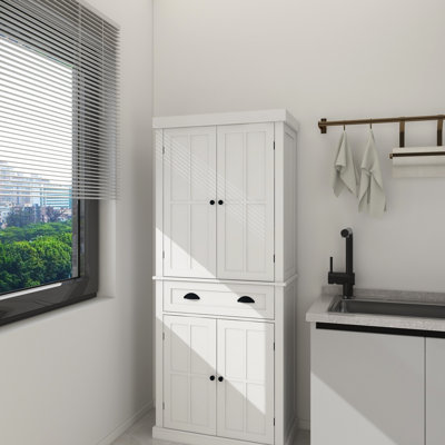 71" Freestanding White Kitchen Pantry, 4 Doors, Drawer, 2 Adjustable Shelves. Cupboard For Dining, Living, Laundry. Seductive Storage Pantry With Delicate Style