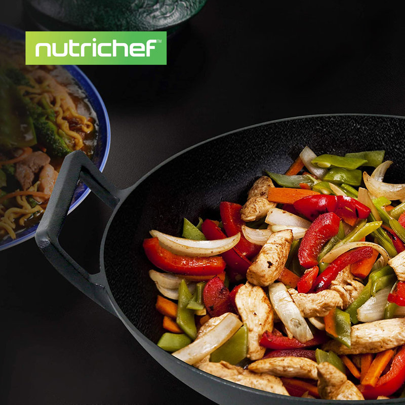 Nutrichef 14'' Non-Stick Cast Iron Wok with Lid