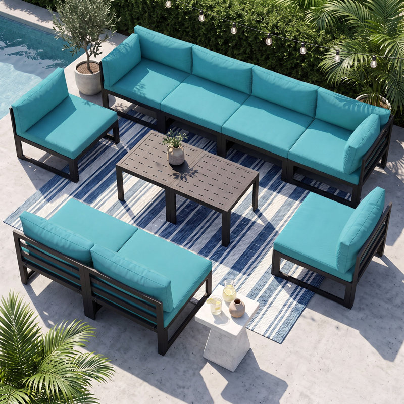 Ensemble de conversation modulaire d'extérieur en aluminium pour 8 personnes avec coussins et table basse Gillean, Gris