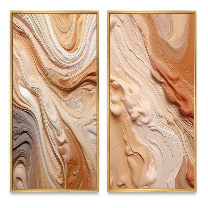 «Orange and Beige Unianted Imagination», 2 pièces sur toile, H 32 po x l 32 po, Encadrement doré