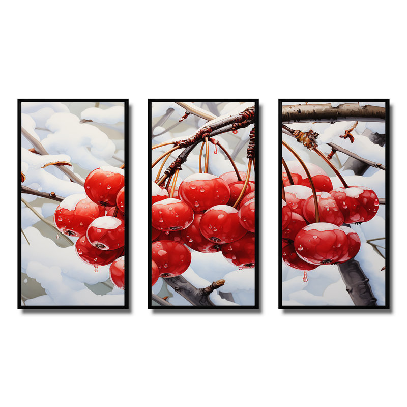 Winter Red Cherry Tree - Cherry Wall Art, 28" H x 36" W, Black Floater Framed