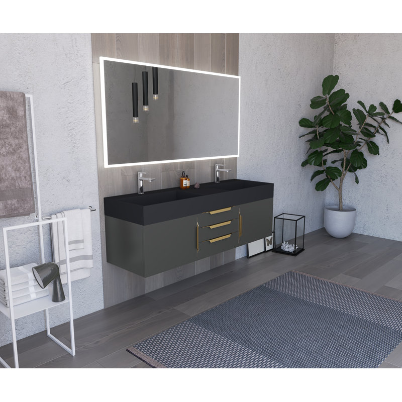 Ensemble de meuble-lavabo double mural 60 po Russett, Noir, Noir, Or