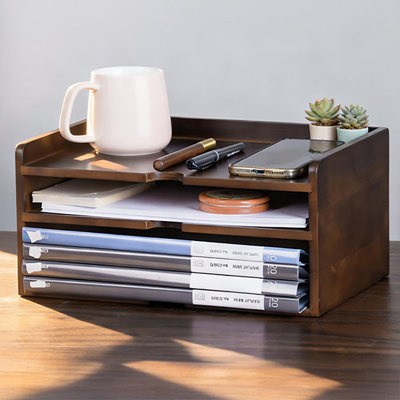 Modular Wooden Desktop Organizer with File Storage, Solid Pine Wood Desk Shelf