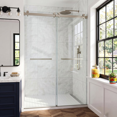 Porte de douche coulissante double sans cadre, 74"-79" L x 76" H, avec pellicule incassable, verre trempé de 3/8" (10 mm) et roulettes silencieuses