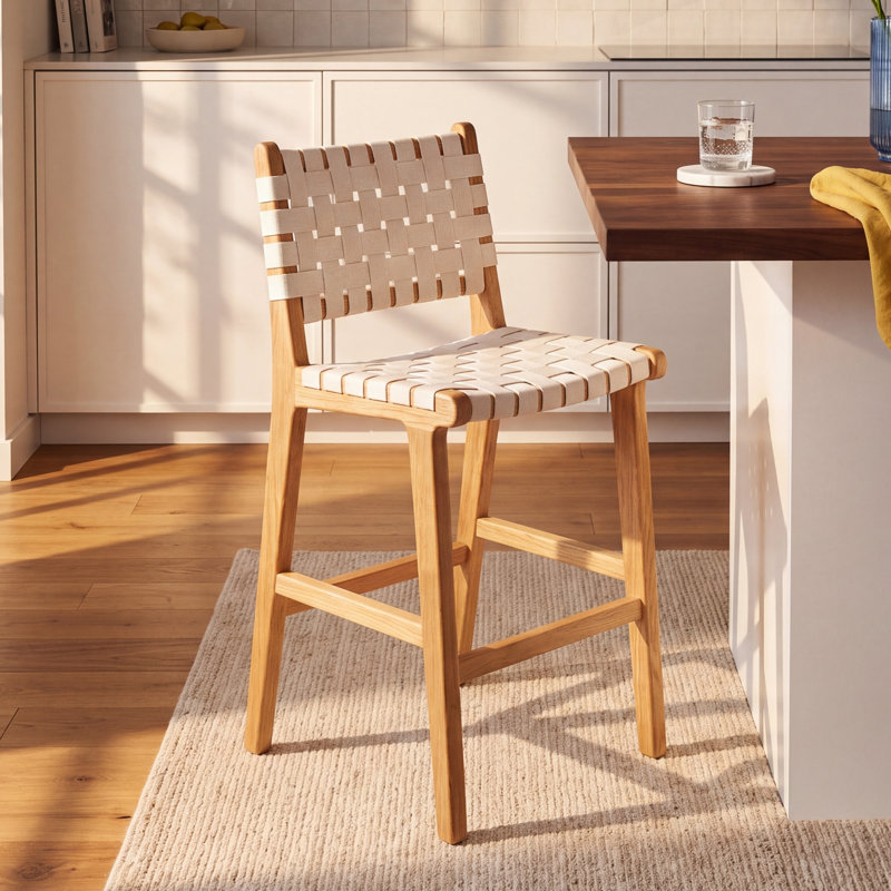 Alston Leather Stool, White Leather/Natural Frame, Counter Stool (27.16" Seat Height)