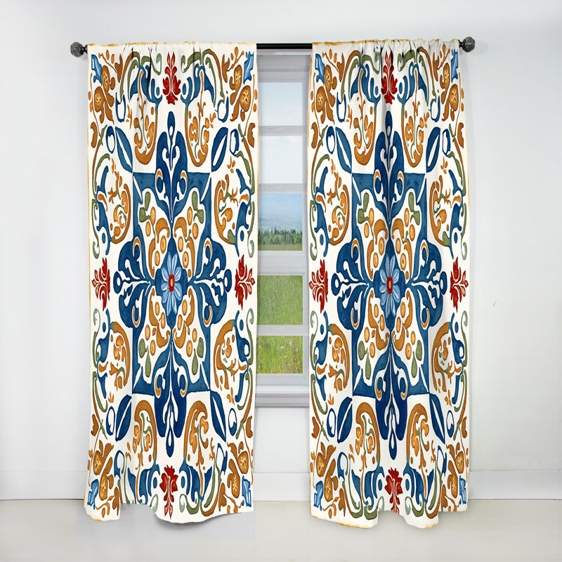 Rideaux occultants abstraits - carreaux de style méditerranéen bleu rétro VII - bleu, L 52 po x L 120 po