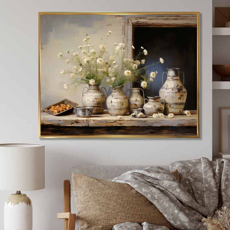 Flower Herbs Farmhouse Still Life, Cadre flottant doré, H 12 po x l 20 po x P 1 po