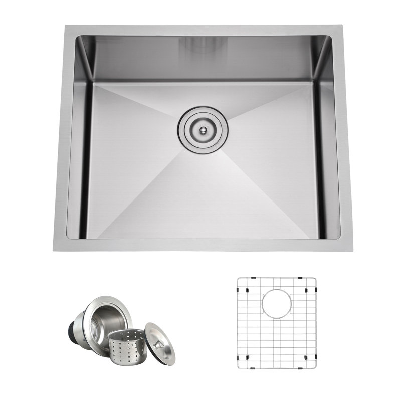 Blenzia 23 Inch Undermount 16 Gauge 304 Stainless Steel Handmade Single Bowl Kitchen Sink with Strainer & Grid 23" x 18" x 9"