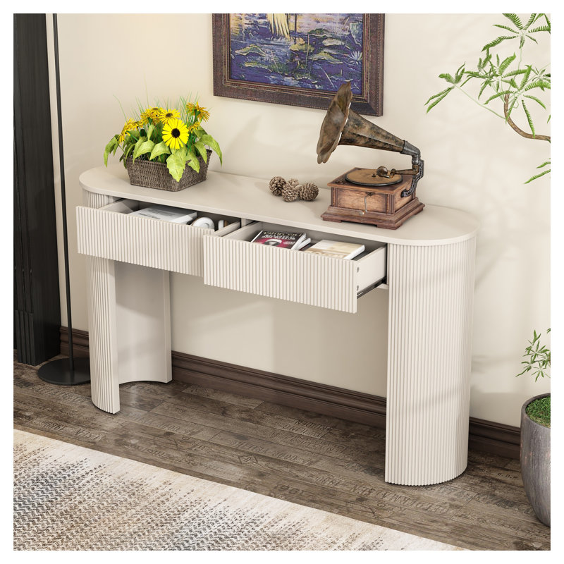 TREXM Modern Console Table with Fluted Design, Champagne White Finish, 54 x 14 x 30.3 Inches
