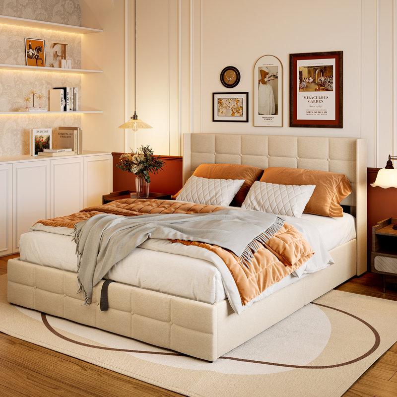 Minos 42â€ Upholstered Platform Bed with Headboard, Lift Storage, Hydraulic Design, Queen, Beige